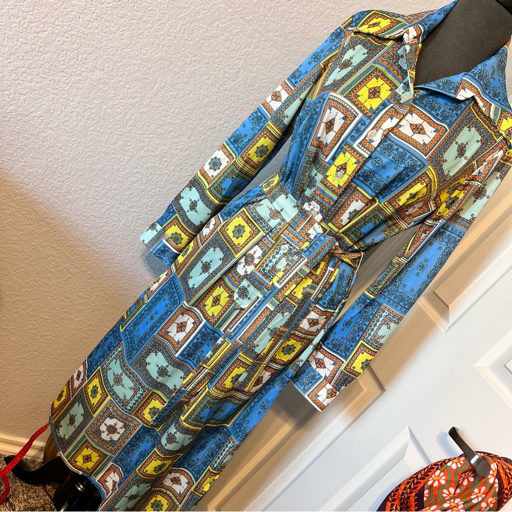 Blue, Yellow & Orange Honeycomb 70s Dress